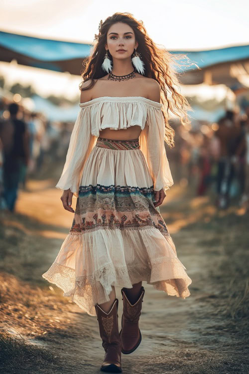 A confident woman in a flowing off-the-shoulder peasant blouse with a tiered bohemian maxi skirt, accessorized with cowboy boots and feather earrings