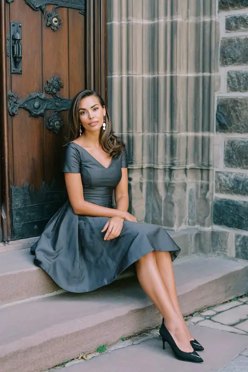 A woman over 40 wears a charcoal grey fit-and-flare dress with a boat neckline and lace overlay, paired with black kitten heels and drop earrings