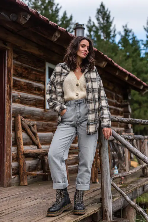 Woman in a plaid flannel shirt, cream cardigan, high-waisted jeans, and combat boots, standing near a rustic wooden cabin surrounded by pine trees