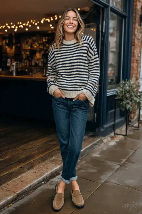 A woman wearing straight-leg jeans, a striped knit sweater, and suede loafers, standing outside a casual autumn pub with string lights, full body outfit visible