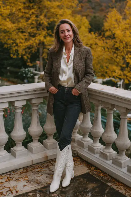 A woman over 40 wears white tall cowboy boots with dark jeans, a silk blouse, and a wool blazer