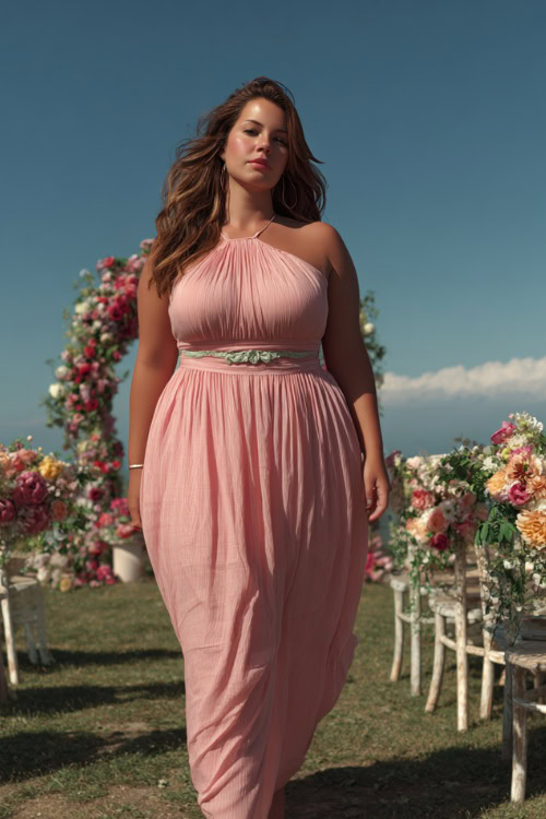 A plus-size woman in a blush pink sleeveless maxi dress with a cinched waist and minimal jewelry, walking on a grassy lawn decorated with wedding chairs and flowers