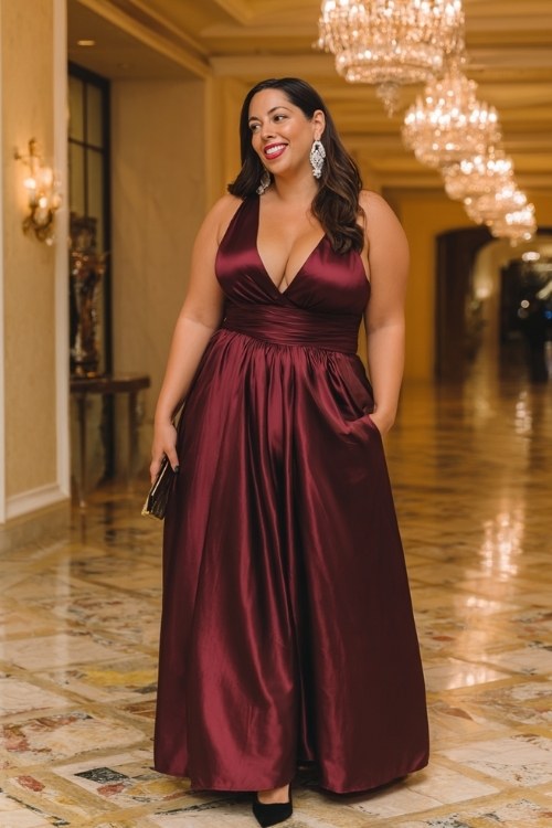 A plus-size woman wears a burgundy satin wrap gown with a plunging neckline and long flowing skirt, accessorized with chandelier earrings and black pumps