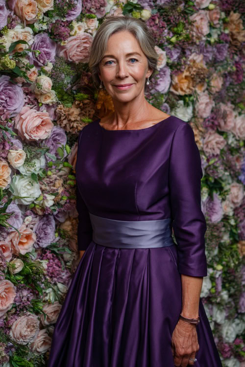 A woman over 50 in a deep purple formal dress with three-quarter sleeves and satin sash, posing beside a floral wall backdrop at a luxurious wedding reception