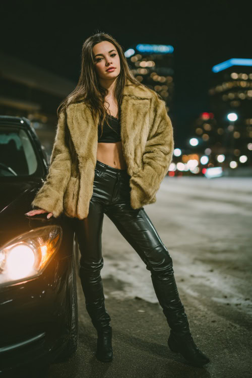 Stylish woman wearing a faux fur coat, leather leggings, crop top, and thigh-high boots, standing beside a luxury car in an urban winter night scene