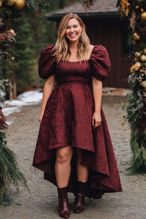 A plus size woman wears a burgundy jacquard high-low gown with puffed sleeves, paired with polished ankle boots