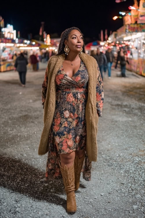 A plus-size woman wears a floral long-sleeve maxi dress paired with a wool wrap coat, suede cowboy boots, and statement earrings, walking through a lit-up fall concert fairground
