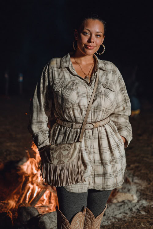 A curvy woman wears a belted plaid shacket over leggings, styled with cowboy boots and hoop earrings, holding a fringed bag at a fall concert bonfire setting