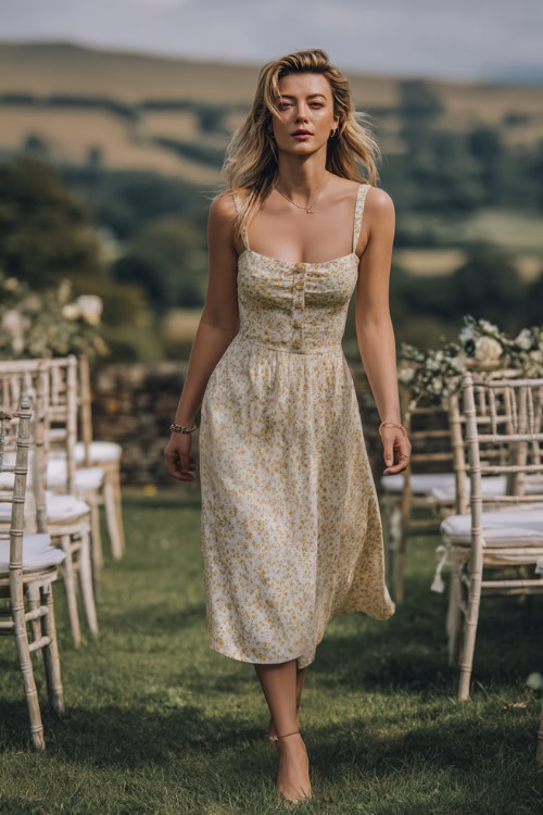 A woman wearing a white and gold floral midi dress with a square neckline and delicate bracelet, walking beside white chairs set up for a countryside wedding