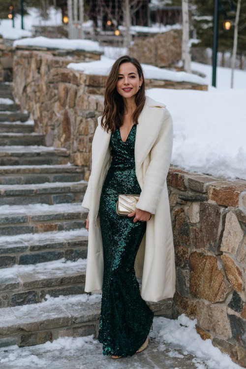 A woman over 30 wears a dark green sequin gown with long sleeves, matching clutch, and cream cape coat