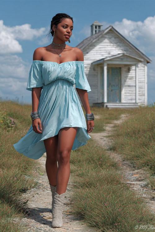 A woman in a powder blue off-shoulder dress with a flowing hem and silver bangles, walking toward a white chapel at a countryside venue, full body view