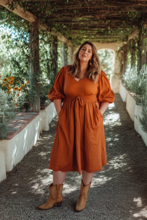 A plus-size woman in a burnt orange cotton midi dress with puff sleeves and tan cowboy boots