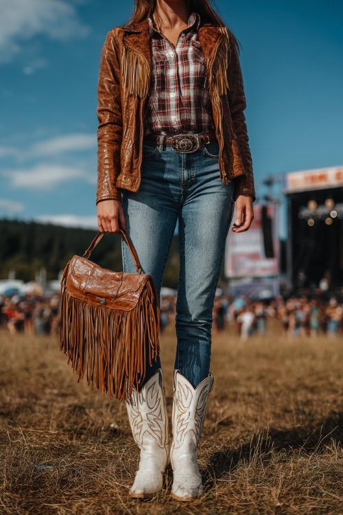A woman in skinny blue jeans tucked into pointed white cowboy boots, plaid shirt, and a leather jacket, holding a fringe bag at an outdoor country concert