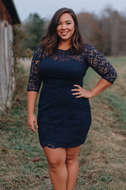 A plus size woman wears a navy short wedding guest dress with sheer sleeves