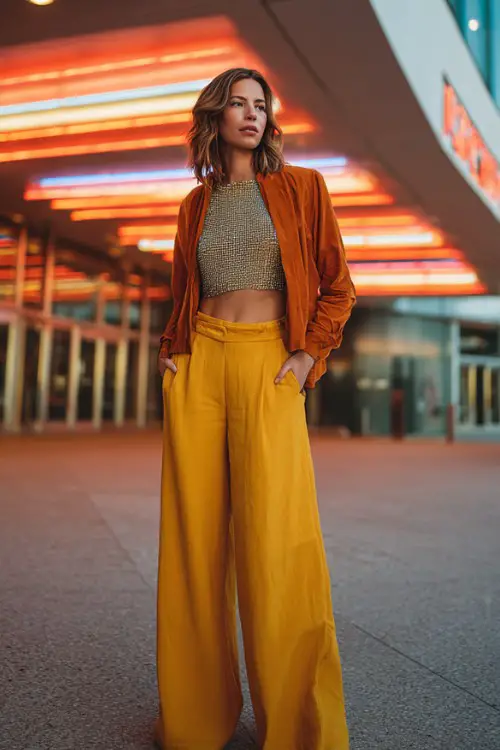 A curvy woman over 40 wears wide-leg trousers, a metallic knit top, and a cropped jacket