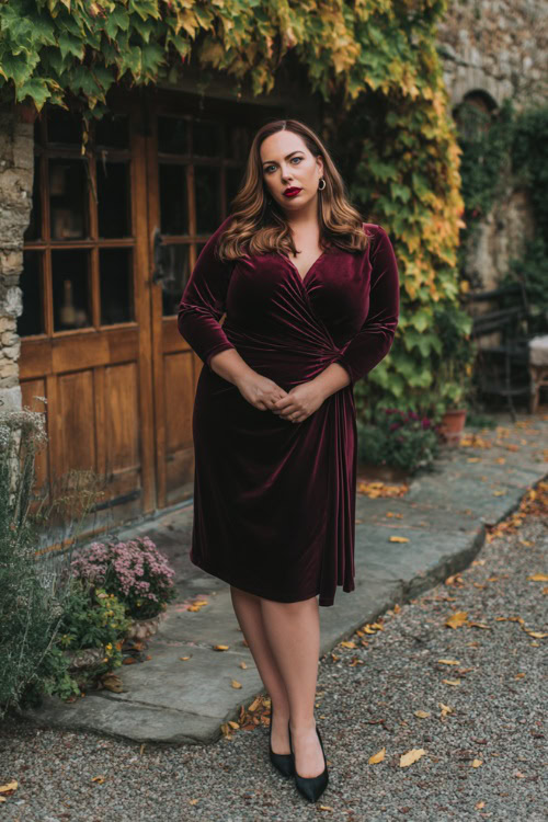 A plus-size woman wears a knee-length velvet wrap dress in deep burgundy with sheer long sleeves, paired with classic black heels