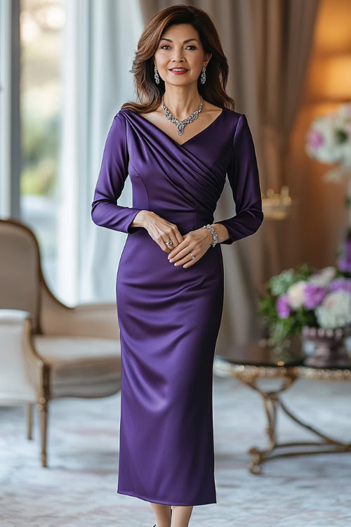 A confident woman over 40 in a deep purple long-sleeve midi dress with a subtle shimmer and an elegant draped neckline