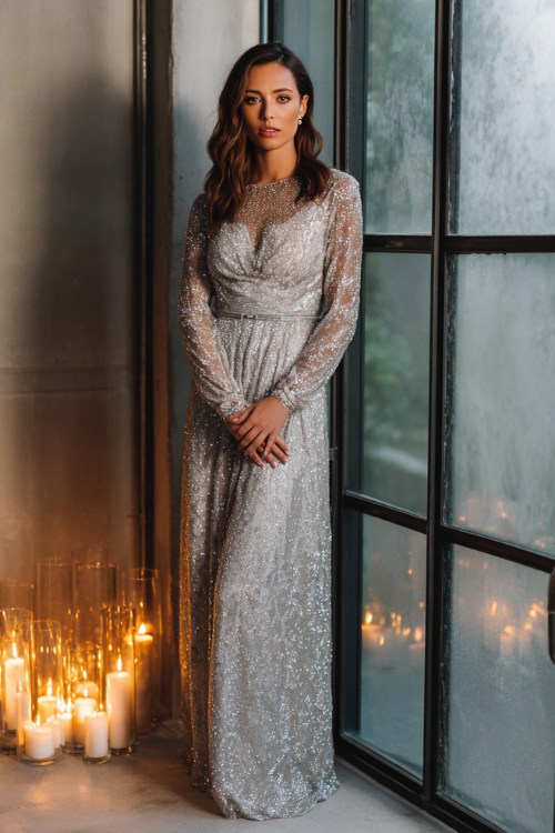 A woman over 35 wears a silver sequin gown with long sleeves and a belted waist
