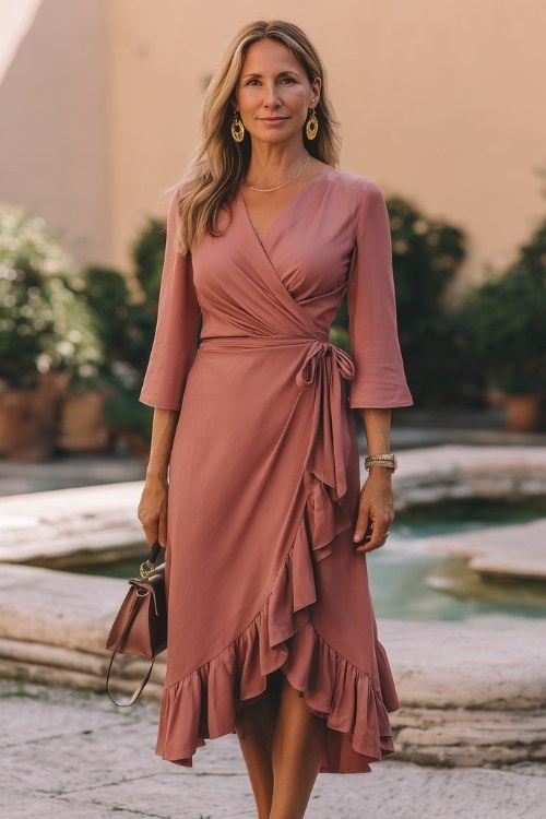 a woman over 50 wears a pink wedding guest dress with ruffles