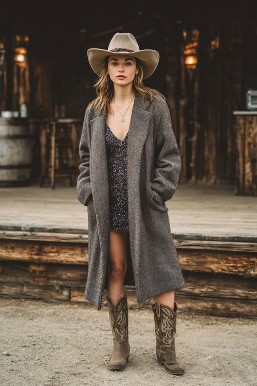 A woman wears a wool wrap coat layered over a sequin mini dress, styled with western boots and a wide-brim felt hat, standing in front of a rustic stage lit by lanterns