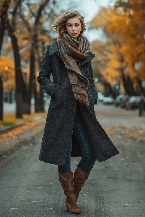 a woman wears a grey trench coat, jeans and brown cowboy boots