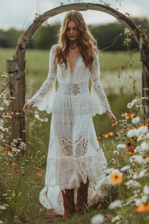 A woman wears cowboy boots with a long lace dress (2)
