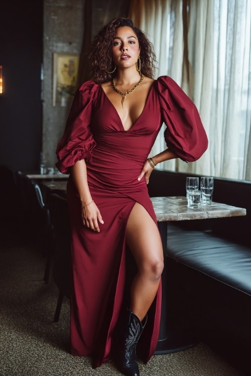 A curvy woman wears a fitted deep red evening dress with dramatic puff sleeves and a high slit, styled with black cowboy boots