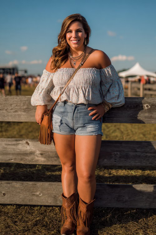 A plus-size woman in distressed high-rise denim shorts, a smocked off-shoulder blouse, and brown ankle cowboy boots