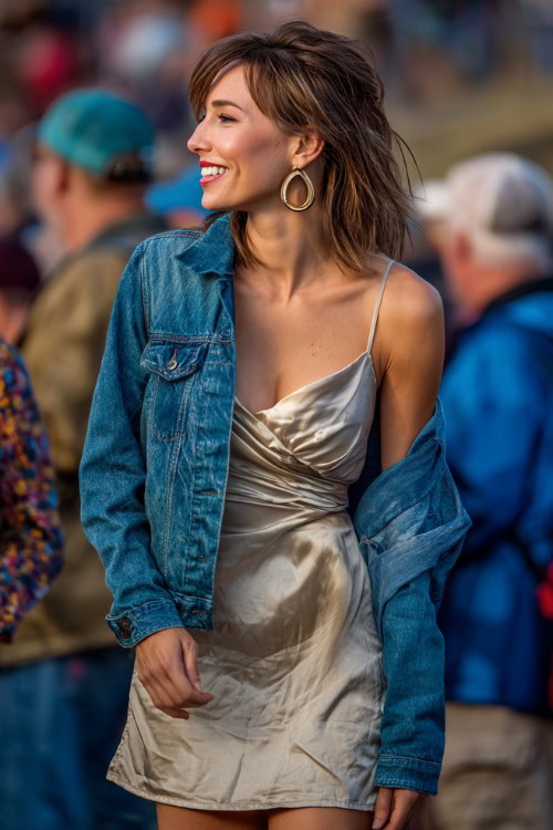 A woman over 40 wears a satin wrap dress with a cropped denim jacket and pointed-toe cowboy boots, styled with hoop earrings at a lively outdoor fall night concert