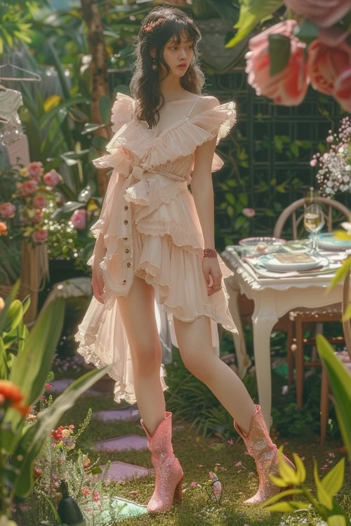 a woman wears sparkly pink cowboy boots with a pastel pink ruffle dress