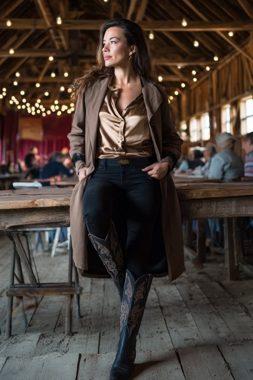 A woman over 40 wears black skinny jeans, a satin blouse, and a wool trench coat styled with cowboy boots at a rustic barn concert