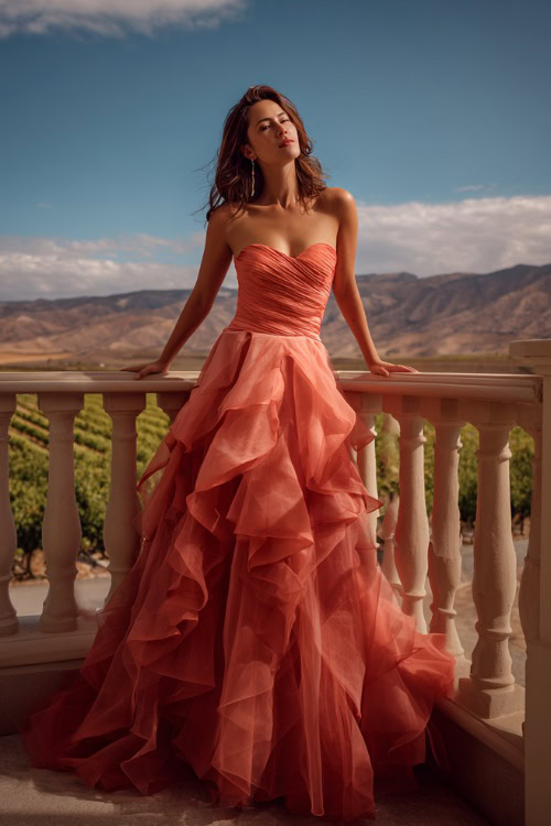 A woman over 50 wearing a coral A-line gown with a structured bodice and layered tulle skirt, posing on a balcony overlooking a vineyard wedding setting