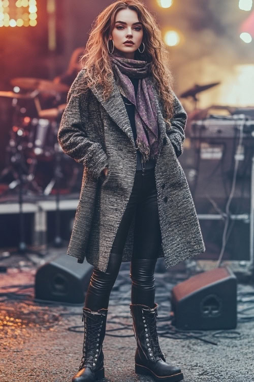 A young woman wearing a belted wool coat, faux leather leggings, and lace-up boots