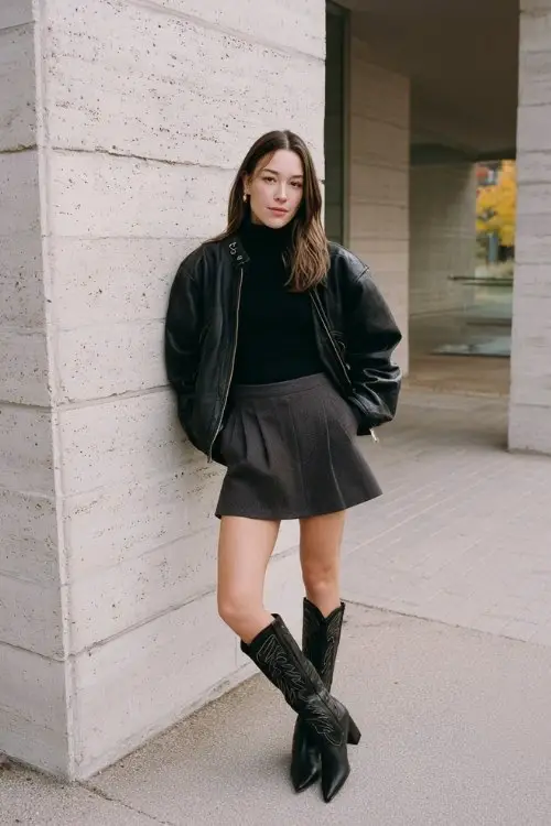 A woman wears tall black cowboy boots with a charcoal pleated mini skirt, a fitted black turtleneck, and an oversized leather bomber jacket