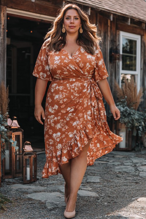 A plus-size woman wears a rust floral wrap midi with flutter sleeves and a ruffled hem, styled with taupe suede pumps (2)