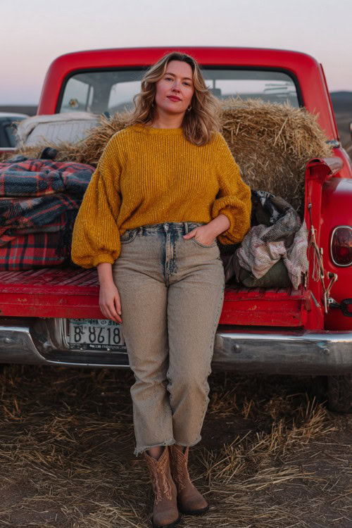 A plus-size woman over 30 wears medium-wash ankle jeans, a mustard yellow puff-sleeve sweater, and short western boots