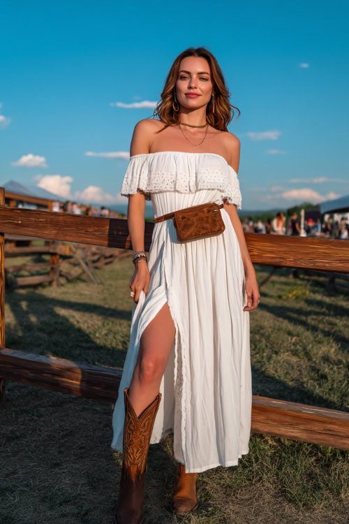 A woman in a flowy off-shoulder white midi dress with lace details and brown cowgirl boots, accessorized with a leather crossbody bag and loose waves