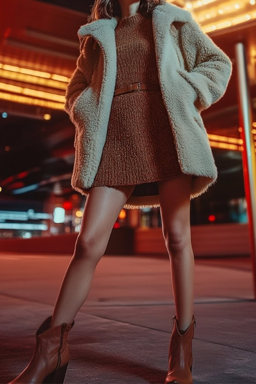 A woman wearing a shearling-lined jacket, a knit midi dress, and ankle cowboy boots