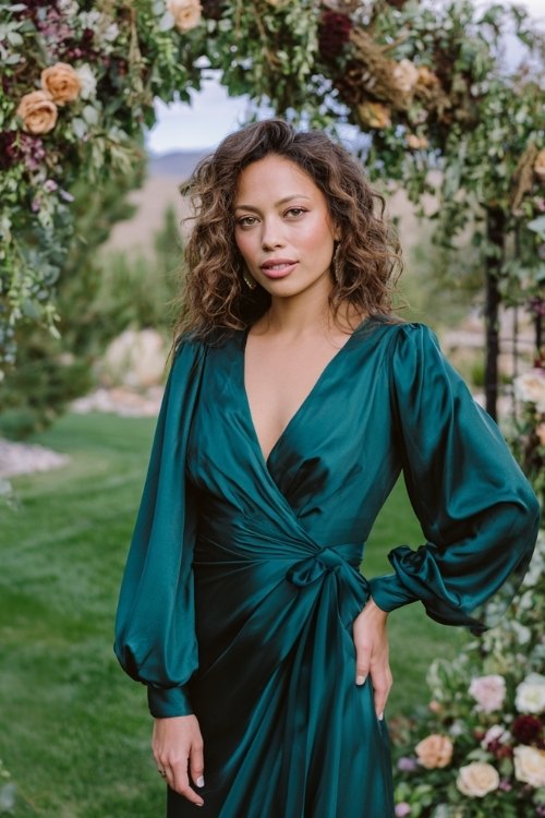 a woman over 50 in a deep emerald satin wrap gown with bishop sleeves and side-tie waist