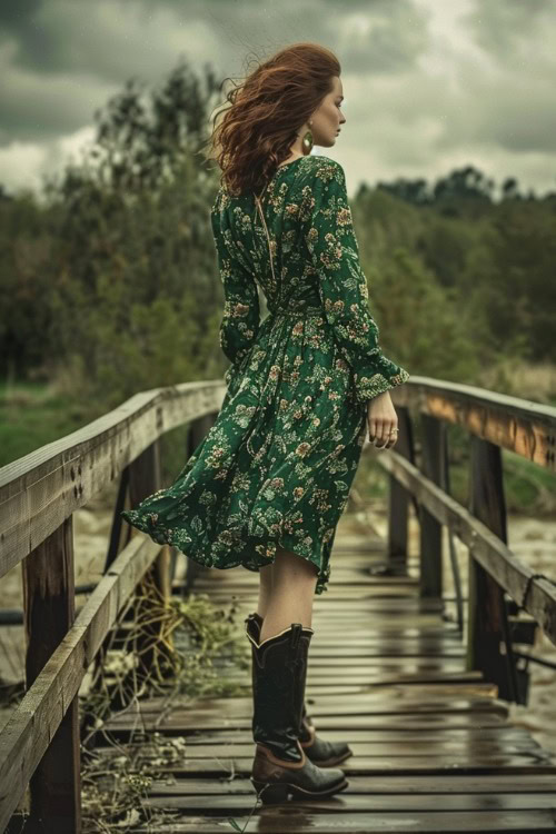 a woman wears a green floral dress and black cowboy boots