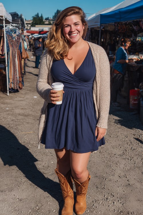 A plus-size woman wears a navy wrap dress with tan cowboy boots and a light cardigan