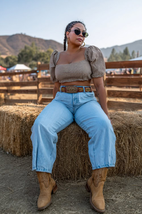 A plus-size woman wearing wide-leg light wash jeans, a tucked-in crop top with puff sleeves, and tan cowboy boots