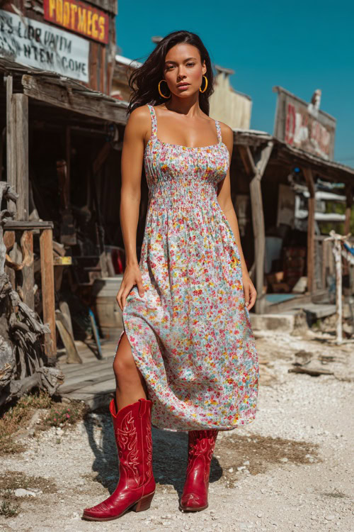A woman wearing a sleeveless smocked maxi dress with floral prints, styled with red cowgirl boots and simple hoop earrings
