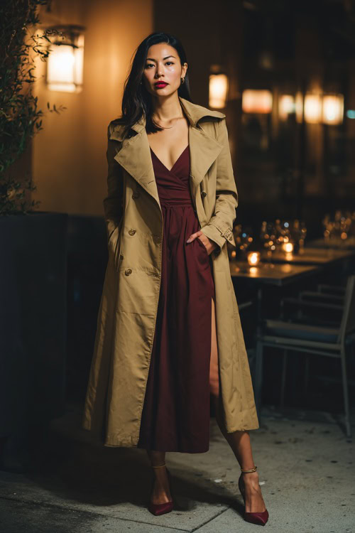A woman wearing a long camel trench coat layered over a burgundy midi dress with pumps, posing outside a sophisticated fall night bar