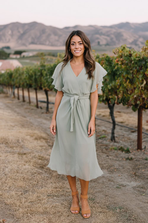 A woman wears a sage green chiffon midi dress with flutter sleeves and a tie waist, paired with tan block heels