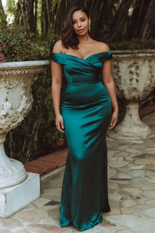 a curvy woman in a floor-length emerald satin gown with a draped off-shoulder neckline