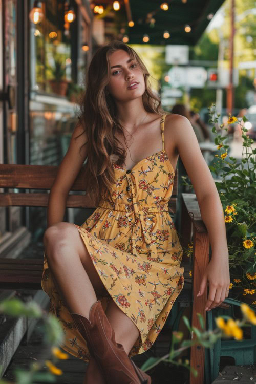 aa woman wears yellow sundress with brown cowboy boots and sits on a chair woman wears yellow sundress with brown cowboy boots and sits on a chair