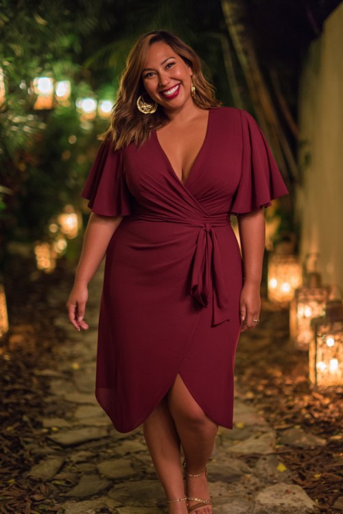A plus-size woman wears a deep wine-red wrap cocktail dress with flutter sleeves and a cinched waist