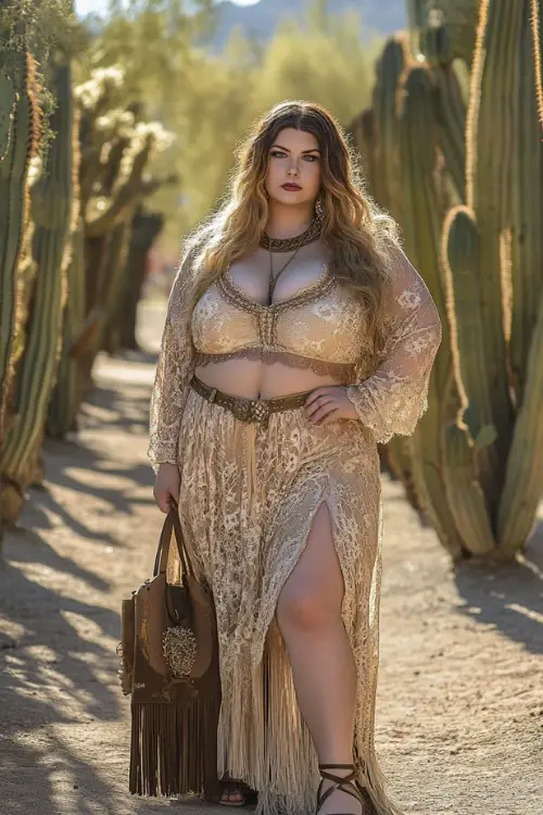 A plus-size festival-goer in a high-neck lace blouse tucked into a maxi skirt with side slits, styled with a fringe bag and gladiator sandals