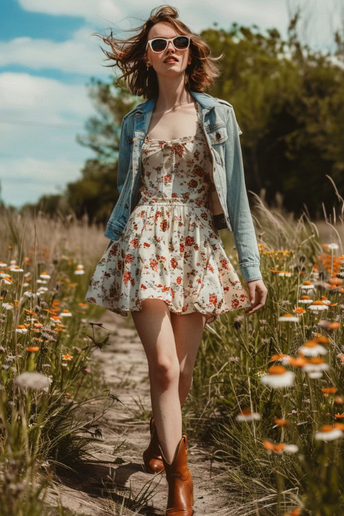 A woman wears short cowboy boots with a short dress and denim jacket